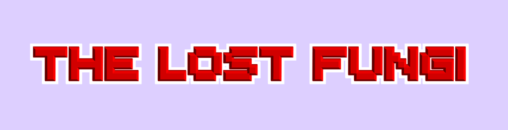 Logo for The Lost Fungi, which features three-dimensional lettering in red with an offset white outline that reads "The Lost Fungi" over a light, pastel like purple background